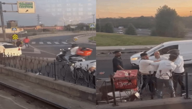 Trafik kavgasını ayırmaya çalışırken kuryeyi dövdüler