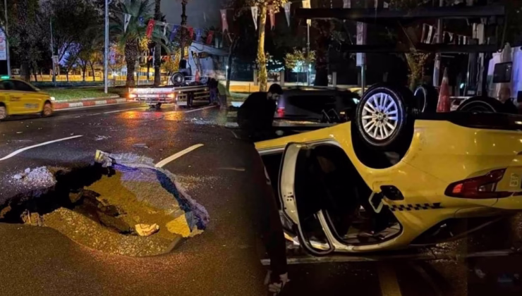 Vatan Caddesi’nde yol çöktü: Taksi takla attı